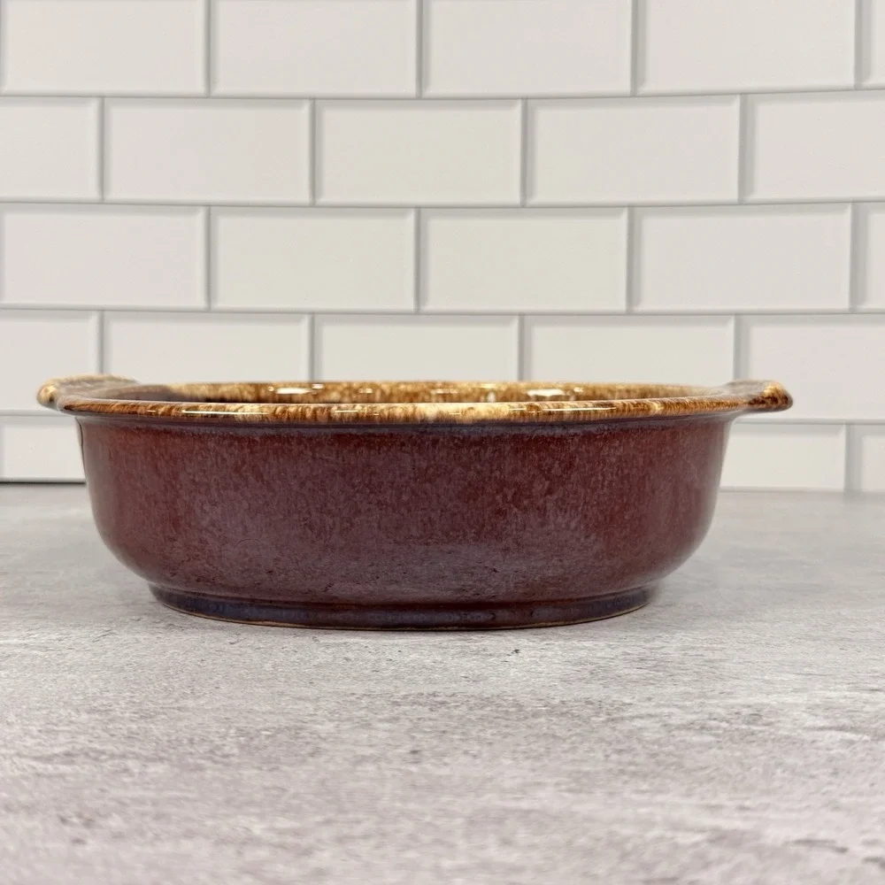 Hull Brown Drip Glaze Round Handled Stoneware Baking Serving Dish Vintage USA 9